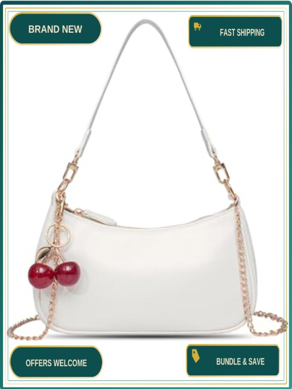 PU Leather Hobo Shoulder Bag with Cherry Charm Removable Straps